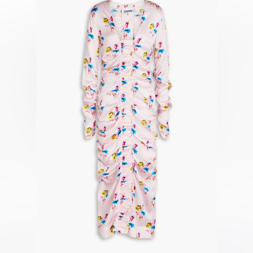Ganni ruched floral stretch silk dress